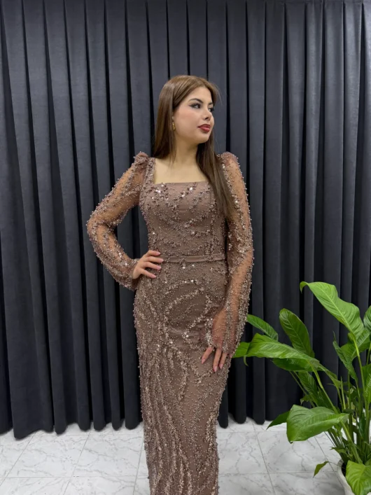 Kare Yaka Taşlı Kalem Abiye - Bakır